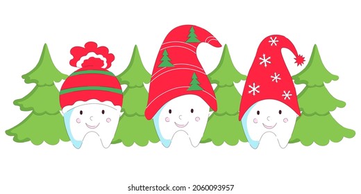 Set of cute Christmas teeth in Santa hats with new year tree. Vector holiday illustration