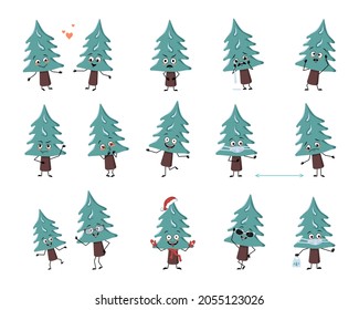 Set of cute Christmas tree character with emotions, face, arms and legs. Cheerful or sad festive decoration for New year falls in love, keep distance in mask, dance in Santa hat and expressions