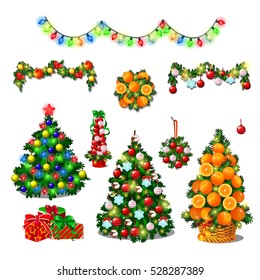 Set Of Cute Christmas Tree, Colorful Garlands. New Year Gift Boxes With Ribbon Bow, Classic Christmas Decorations, Wreath, Baubles. Sketch For Greeting Card, Festive Poster, Party Invitation. Vector.