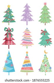 Set of cute Christmas tree vector illustration isolated on white background. Cute christmas vector cartoon. 