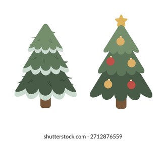 Eine Reihe süßer Weihnachtsbäume. Bezauberndes Ferien-Ikone mit Schnee und Ornamenten. Schmutziger Weihnachtsbaum und gepflegter Weihnachtsbaum