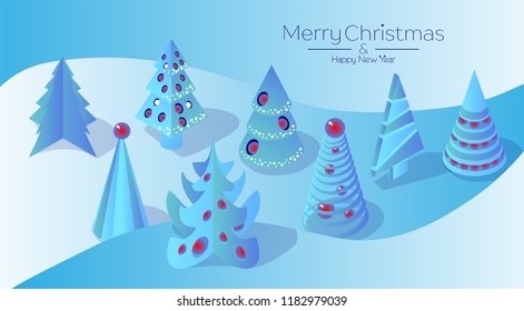 set of cute Christmas trees against the background of snowdrifts. Blue Christmas tree with Christmas toys. Isometric 3d