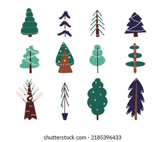 Set of cute Christmas trees. Collection of doodle Xmas firs decorated with festive ornament. Hand drawn spruces in scandinavian style. Colored flat vector illustration 