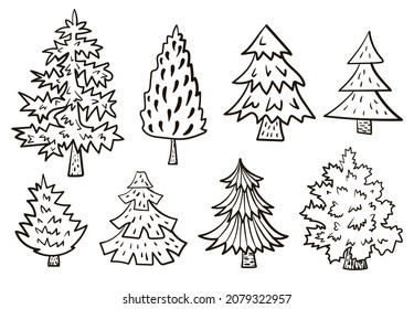 Set of cute Christmas trees in doodle style. Stock vector illustration isolated on a white background drawn in cartoon.