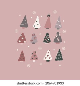 Set süße Weihnachtsbäume mit Schneeflocken auf rosafarbenem Hintergrund für Neujahrs- und Weihnachtsdesigns. Schönes neues Jahr. Vektorgrafik. Handgezeichnet. Flaches Design.