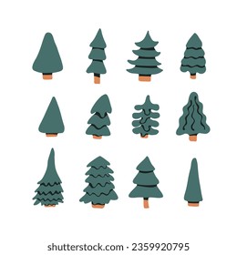 Set of cute Christmas trees with snowflakes for New Year and Christmas designs. Happy new year. Vector illustration. Hand-Drawn. Flat design.