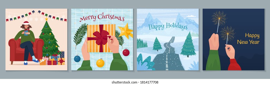 Set of cute Christmas vector illustration in flat style. Templates for card, poster, flyer, banner or other