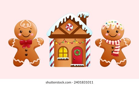 Set of cute Christmas vector illustrations of cartoon gingerbread men and house. Hand drawn holidays clipart 