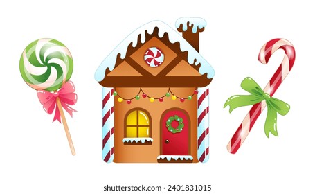 Set of cute Christmas vector illustrations of cartoon gingerbread house and lollipops. Hand drawn holidays clipart 