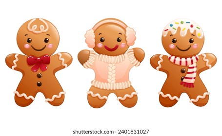 Set of cute Christmas vector illustrations of cartoon gingerbread men and woman. Funny hand drawn holidays clipart 