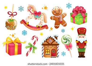 Set of cute Christmas vector illustrations. Holidays clipart for Christmas cards, stickers and print