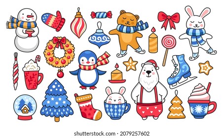 Set of cute christmas and winter elements and cartoon characters. Snowman, polar bear, penguin, bunny and holiday decorations. Vector isolated illustrations.