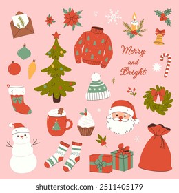 Set of cute Christmas and winter items. Vector graphics.