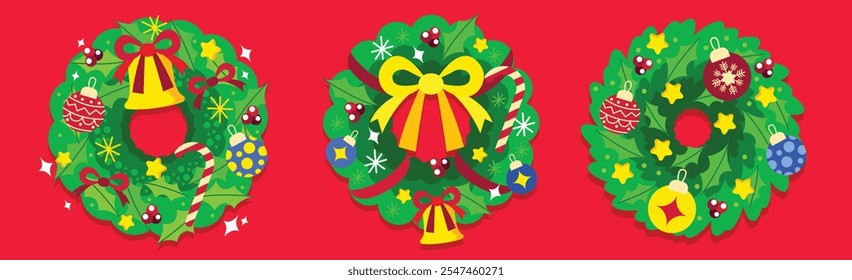 Set of Cute christmas wreath flat vector illustration