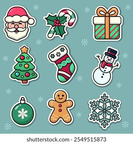 Set of cute christmas-themed  stickers.Santa,gift,candy,tree, christmas ball, gingerbread man,stockings, snowman,snowflake. Cartoon style vector illustration on blue background.