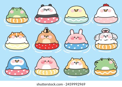 Set of cute chubby animal stay in swimming ring pool background.Summer collection.Sea.beach.Frog,rabbit,bear,dog,penguin hand drawn.Kawaii.Vector.Illustration.