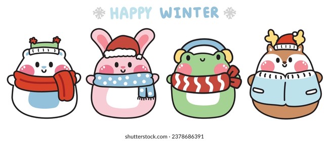 Set of cute chubby animal in winter clothing.Cartoon animal character design collection.Bear,rabbit,frog,deer hand drawn.Merry christmas.Kawaii.Vector.Illustration.