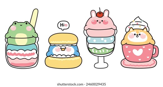 Conjunto de lindos animales gorditos en postre dulce y bebida. Dibujos animados personaje animal colección. Helado. Pudding. Café. Rana, pingüino, conejo, shiba inu perro dibujado a mano. Kawaii. Vector. Ilustración.