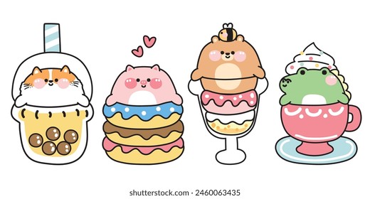 Conjunto de lindos animales gorditos en postre dulce y bebida. Gato, cerdo, oso de peluche, cocodrilo dibujado a mano. Dibujos animados personaje animal colección. Helado. Donut. Café. Té de leche de burbuja. Kawaii. Vector. Ilustración.