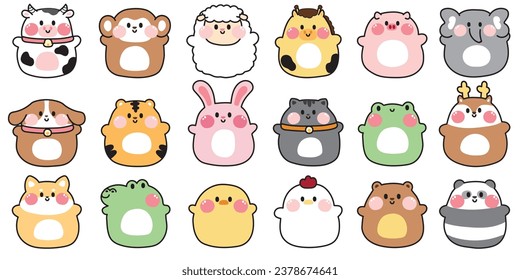 Set of cute chubby animals doll.Fat animal cartoon character design collection.Zoo.Farm.Pet.Wild.Reptile.Rodent.Kawaii.Vector.Illustration.