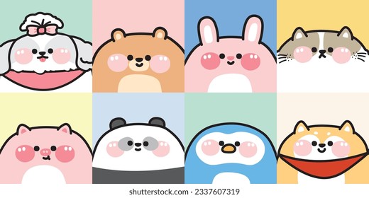 Set of cute chubby animals face on pastel background.Wild,pet,farm hand drawn collection.Fat animal hand drawn.Face.Baby graphic.Kawaii.Vector.Illustration.