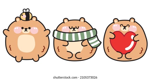 Set of cute chubby bear in various poses cartoon on white background.Animal character design.Image for card,poster,kid product.Isolated.Kawaii.Vector.Illustration.