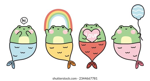 Set of cute chubby frog with mermaid costume in various poses.Love and happy concept.Funny reptile animal character cartoon design.Kawaii.Vector.illustration.