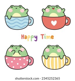 Set of cute chubby frog stay in coffee cup on white background.Reptile fat animal character cartoon design.Happy time text.Kawaii.Vector.Illustration.