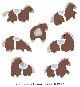 A set of cute chubby horses illustrates in different poses - standing, running, side view, back view.