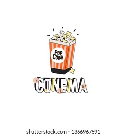 Set of cute cinema, movie, film doodles and trendy lettering isolated on white background. Vector. Good for logo, pin, t-shirt design, posters, cards