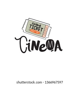 Set of cute cinema, movie, film doodles and trendy lettering isolated on white background. Vector. Good for logo, pin, t-shirt design, posters, cards