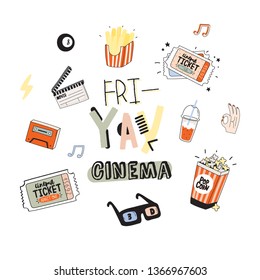 Set of cute cinema, movie, film doodles and trendy lettering isolated on white background. Vector. Good for logo, pin, t-shirt design, posters, cards