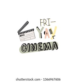 Set of cute cinema, movie, film doodles and trendy lettering isolated on white background. Vector. Good for logo, pin, t-shirt design, posters, cards