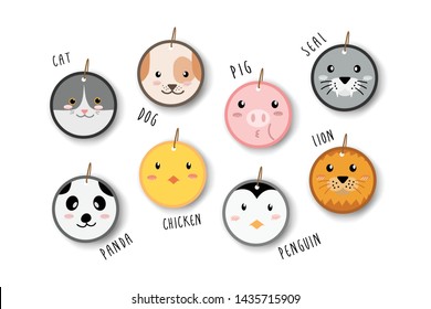 Set of cute circle round tags of animal face cartoon doodle element