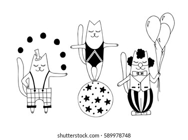 Set of cute circus actors: juggling balls, clown with balloons, standing on ball acrobat cats. Abstract isolated design elements on white.Hand drawn vector black and white illustrations.Cartoon,doodle
