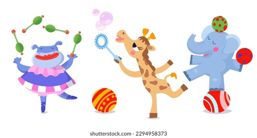 Set of cute circus animals. Hippo juggler, elephant with balls and giraffe with soap bubbles. Cartoon style illustration. Isolated character for design on white background. Vector illustration.