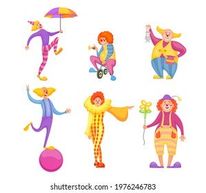 Set of cute circus clowns characters. Cartoon vector illustration. Funny jokers doing tricks and making people laugh at carnival. Holiday, festival, event, circus, creativity concept for banner design