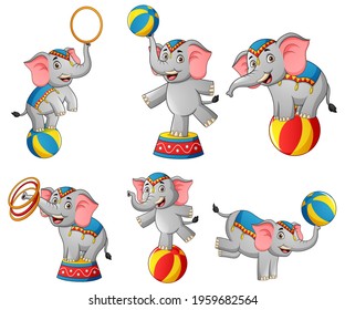 Set of cute circus elephant cartoon. Vector illustration