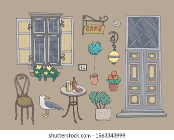 Set of cute city details. Old european city Tallinn. Hand-drawn vector illustration.