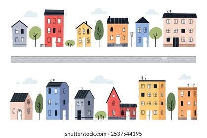 Conjunto de casas bonitas da cidade. Uma cidade com casas diferentes. Edifícios em um estilo infantil simples. Bela cidade. Ilustração vetorial