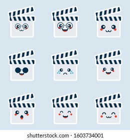 Set of Cute Clapperboard Icons In Different Expressions. Flat design. Avatars, cards,stickers, sites, calendars. Vector illustration
