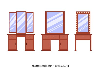 A set of cute classic dressing tables. Collection of antique bedroom furniture.  A convenient place to store cosmetics and jewelry. Vector icons in a flat style are isolated on a white background.