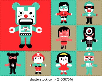 Set of cute classic sewing doll, illustrator vector cartoon set monsters