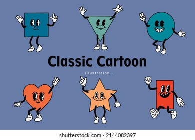 Set of Cute Classic Vintage Cartoon Comic emotion Happy with face expression hand and foot doodle character