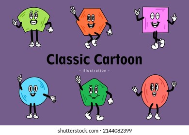 Set of Cute Classic Vintage Cartoon Comic emotion Happy with face expression hand and foot doodle character