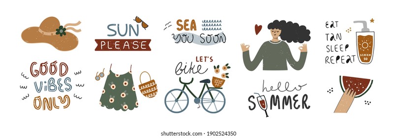 Set of cute clip art with summer beach scenes and elements and quotes. Hand drawn vector illustration. Vintage colors. Summer lifestyle concept. Watermelon, sunscreen, bike, clothes, cute girl.