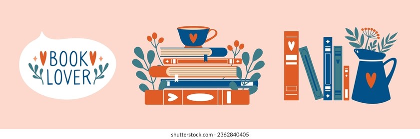 Set of cute clip arts with stack of books, dialog bubble, cup of coffee or tea, jug with plants, leaves, berries. Stickers for book festival. Book lover concept. Modern flat vector illustrations.