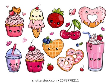 Set of cute clipart with hand drawn cupcake, cherries, heart shaped waffle and donut, milkshake, bubble tea, strawberry, ice cream characters in kawaii style. Vector illustration