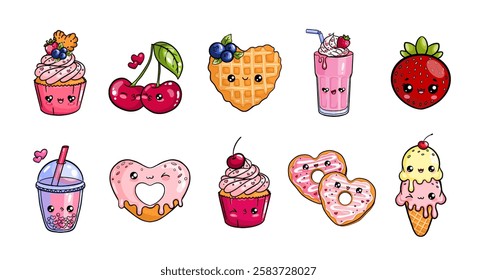 Set of cute clipart with hand drawn cupcake, cherries, heart shaped waffle and donut, milkshake, bubble tea, strawberry, ice cream characters in kawaii style. Vector illustration