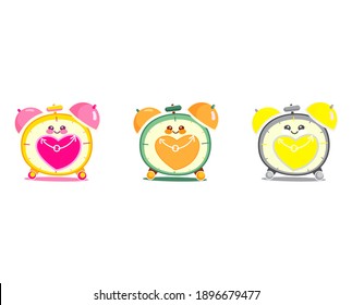 Set of cute clock with heart smiling. Multicolor alarm clock, kawaii. For stickers postcard, greeting card, valentines day. Hand drawn vector illustration isolated on white background.